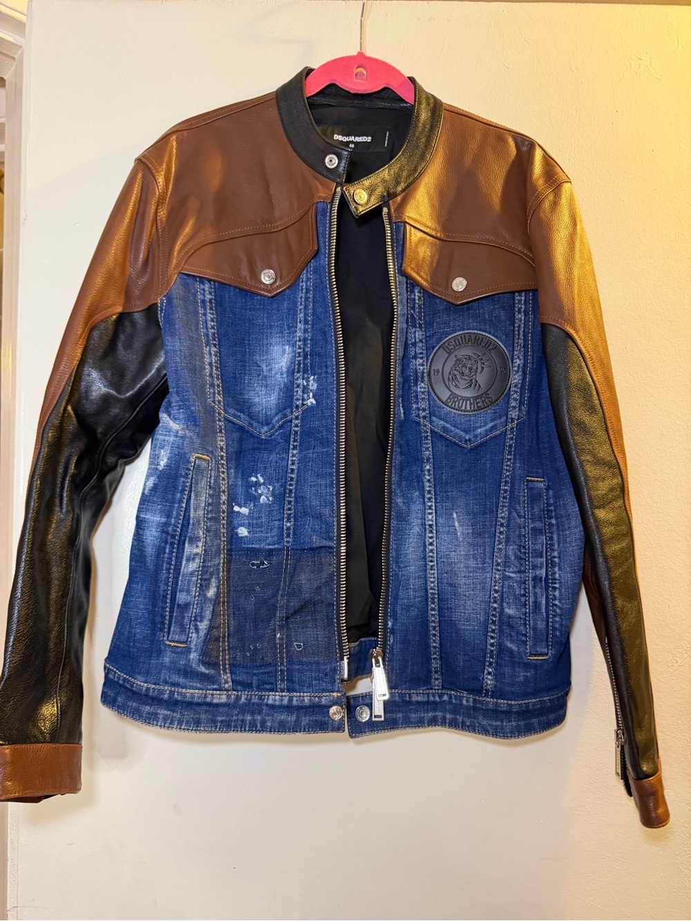 DSQUARED2 Blue Denim Jacket with Brown and Black Leather Panels